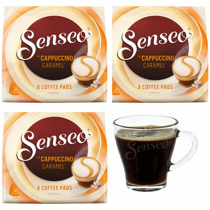 Senseo Kaffeepads Cappuccino Caramel / Karamell, 3er Pack, Kaffee mit Karamellgeschmack, je 8 Pads, mit Tasse