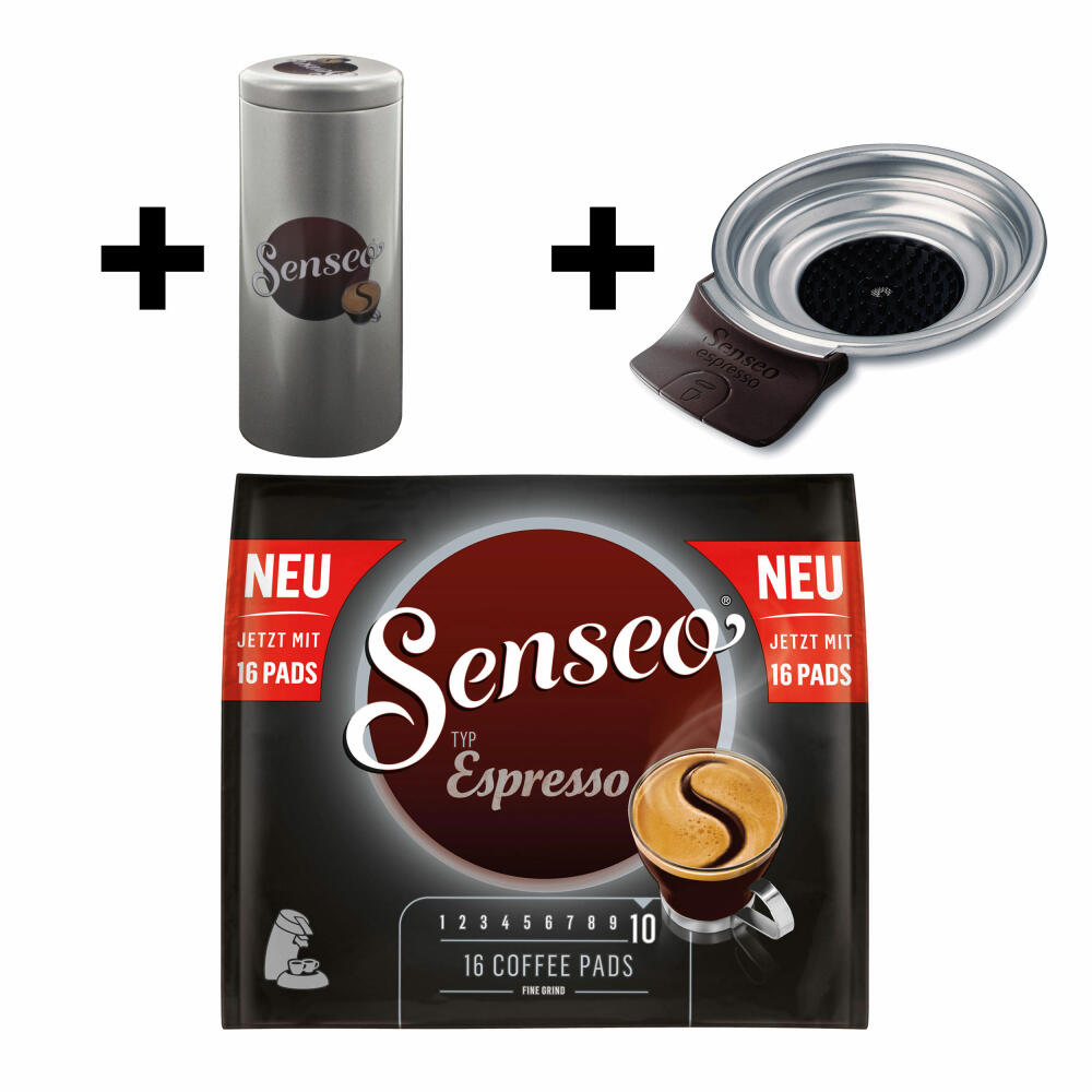 Senseo Type Espresso Coffee Pads, Roasted Coffee, Coffee, 16 Pads, with Pad Holder and Pad Container