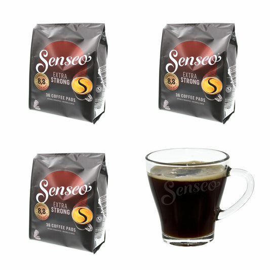 Senseo Coffee Pads Extra Strong / Extra Strong, Intense and Full-Bodied Taste, Coffee for Coffee Pad Machines, 108 Pads, with Cup