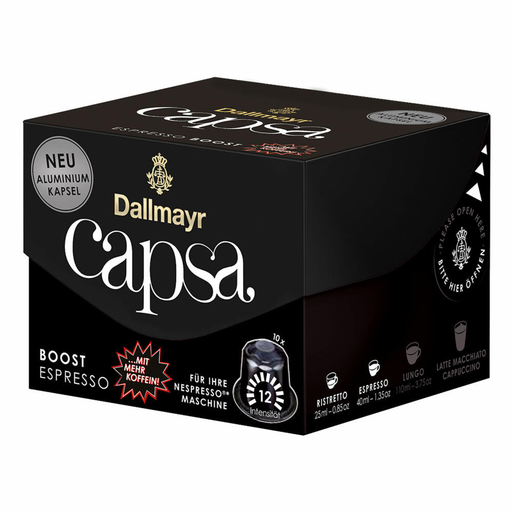 Dallmayr Capsa Espresso Boost, Nespresso kompatibel Kapsel, mit mehr Koffein, Kaffeekapsel, Espressokapsel, 10 Kapseln, 56 g