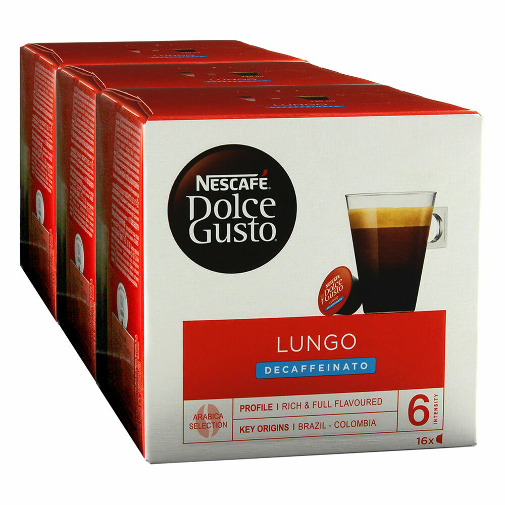 Nescafé Dolce Gusto Caffè Lungo Decaffeinato, Entkoffeiniert, Kaffee, Kaffeekapsel, 3er Pack, 3 x 16 Kapseln