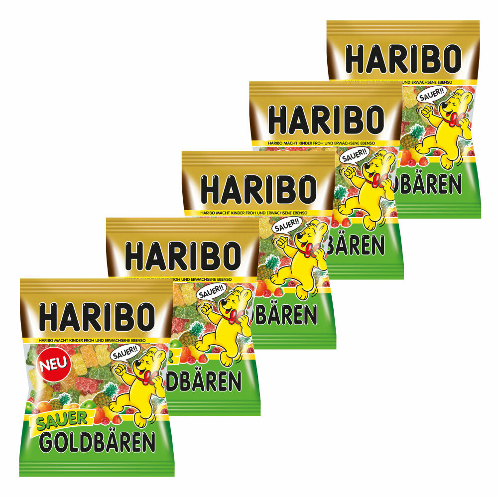 Haribo Sour Gold Bears, Pack of 5, Sour Gummy Bears, Wine Gum, Fruit Gum Sour, In Bag, Bag