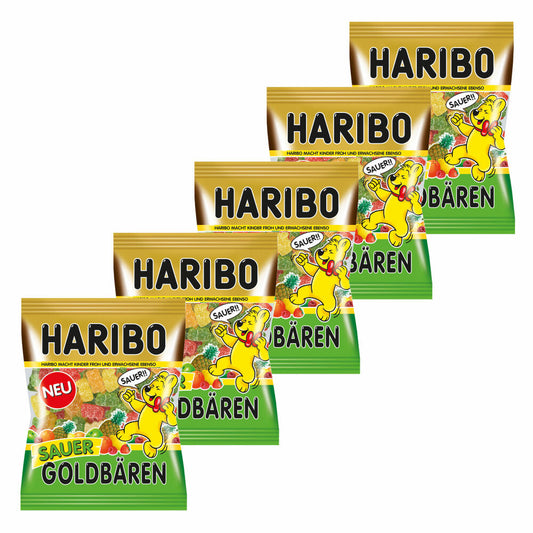 Haribo Sauer Goldbären, 5er Pack, Saures Gummibärchen Sauer, Weingummi, Fruchtgummi Sauer, Im Beutel, Tüte