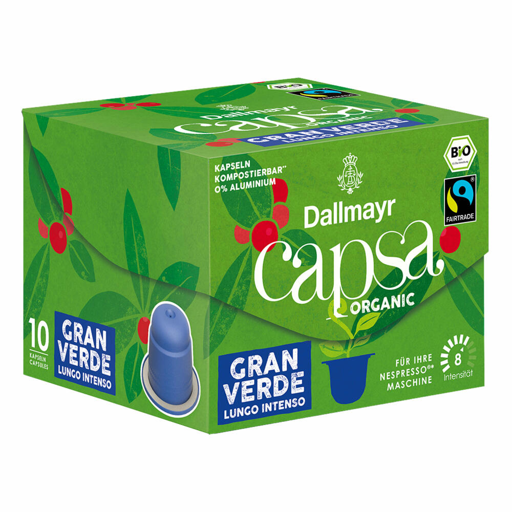 Dallmayr Capsa Gran Verde Lungo Intenso, Nespresso compatible capsule, Organic, coffee capsule, espresso capsule, 10 capsules, 56 g