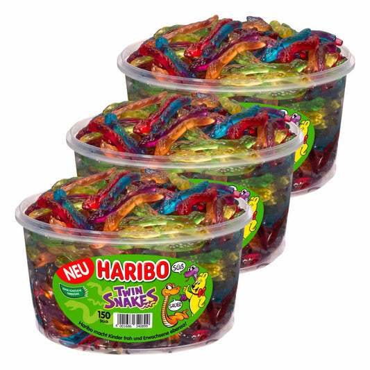 Haribo Twin Snakes, 3er Set, Gummibärchen, Weingummi, Fruchtgummi, 150 Stück, Dose, 1200 g