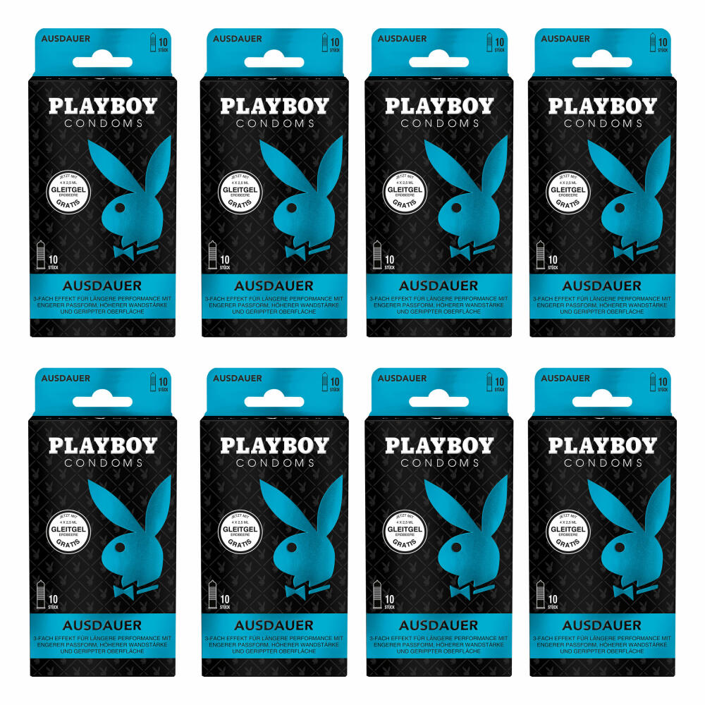 Playboy Condoms Kondome Ausdauer, Verhütungsmittel, 3-fach Effekt, mit Gleitgel gratis, 52 mm, 8 x 10 Stück