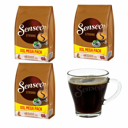 Senseo Kaffeepads Strong / Kräftig, 3er Pack, Kraftvoller Geschmack, Kaffee, 144 Pads, mit Tasse