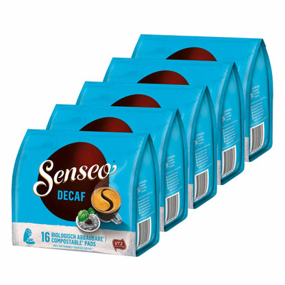 Senseo Coffee Pads Decaffeinated / Decaf, Rich Aroma, Intense &amp; Balanced, Coffee, New Design, Pack of 5, 5 x 16 Pads