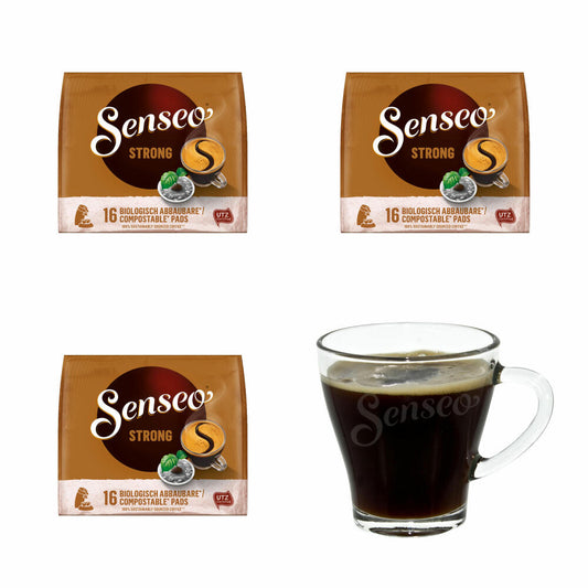 Senseo Kaffeepads Kräftig / Strong, 3er Pack, Intensiver und Vollmundiger Geschmack, Kaffee, je 16 Pads, mit Tasse