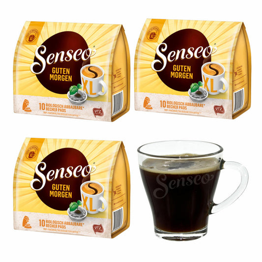 Senseo Kaffeepads Guten Morgen XL, 3er Pack, Stark & Intensiv, Kaffee Pads, je 10 Pads, mit Tasse