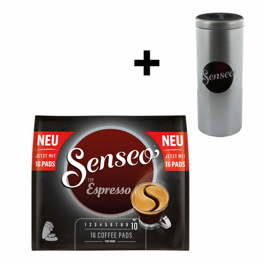 Senseo Typ Espresso Kaffeepads, Röstkaffee, Kaffee, 16 Pads, mit Premium Paddose