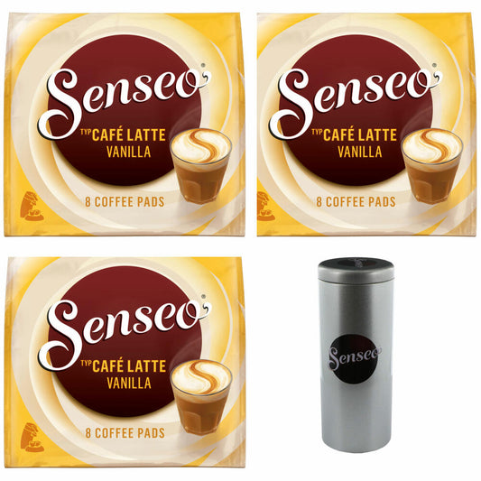 Senseo Kaffeepads Premium Set Café Latte Vanilla, 3er Pack, Vanille Milchkaffee, Milch Kaffee Pad, je 8 Pads, mit Paddose