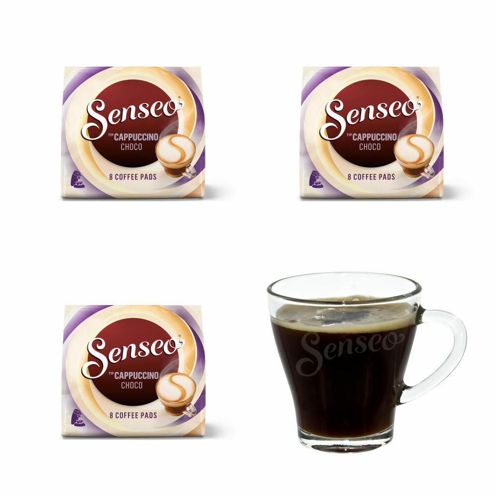 Senseo Kaffeepads Cappuccino Choco, 3er Pack, Kaffee mit Schokoladengeschmack, je 8 Pads, mit Tasse