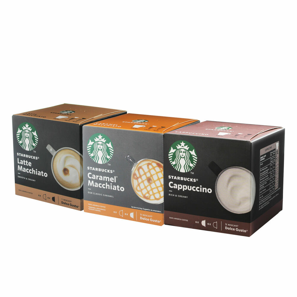 Nescafé Dolce Gusto Starbucks Milk Coffee Set, Cappuccino + Latte + Caramel, 3 Varieties, Coffee, Coffee Capsules, 3 x 12 Capsules