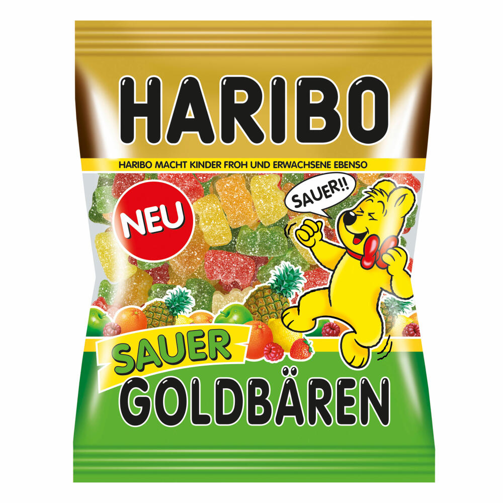 Haribo Sauer Goldbären, 3er Pack, Saures Gummibärchen Sauer, Weingummi, Fruchtgummi Sauer, Im Beutel, Tüte