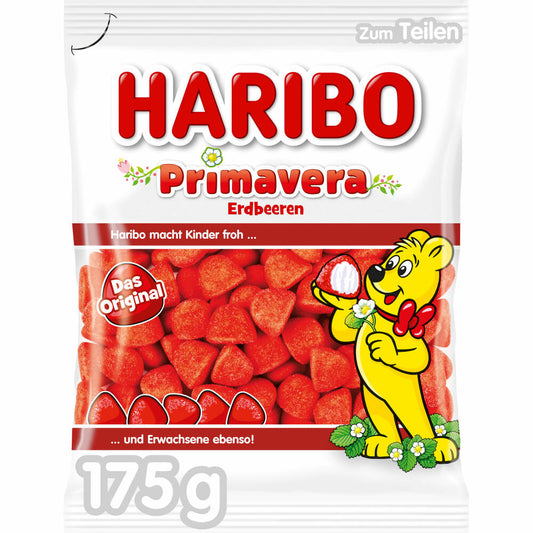 Haribo Primavera Erdbeeren, Fruchtiger Schaumzucker, Fruchtgummi, im Beutel, Tüte, 175 g