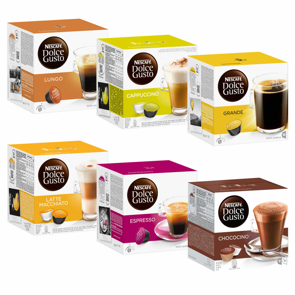 Nescafé Dolce Gusto Kapseln Basic-Set: Lungo, Cappucino, Latte Macchiato, Espresso, Chococino, Crema Grande, 6 x 16 Kapseln