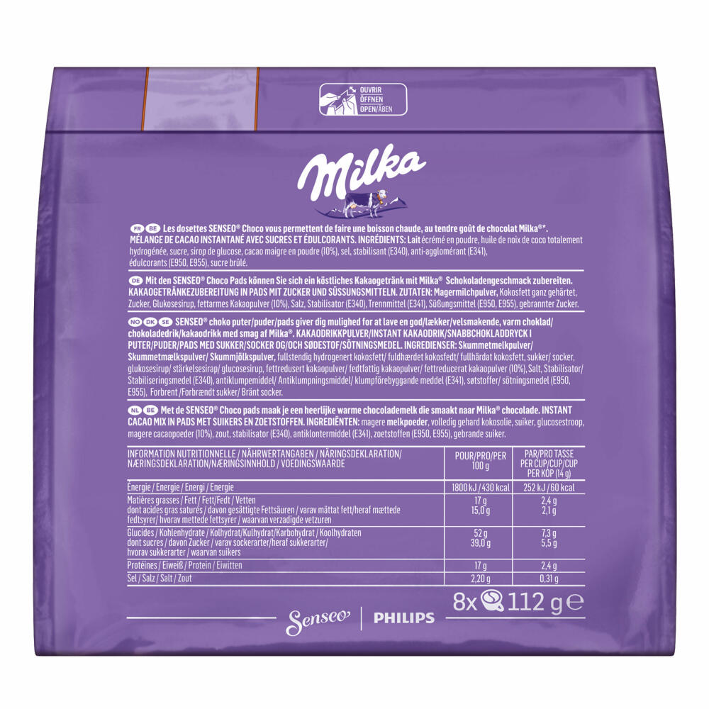 Senseo Milka Choco Pads, Schokoladengetränk, Kakaogetränk, Kaffeepads, 8 Pads für 8 Portionen, 112 g