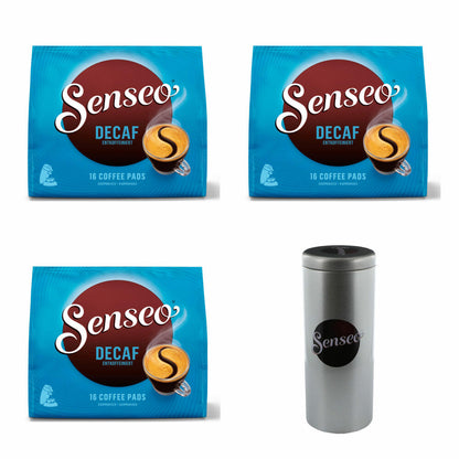 Senseo Coffee Pads Premium Set Decaffeinated / Decaf, Pack of 3, Rich Aroma, Intense &amp; Balanced, Coffee, 16 Pads Each, with Pad Container