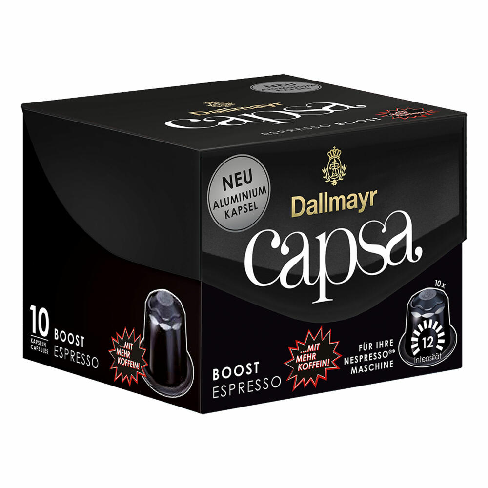 Dallmayr Capsa Espresso Boost, Nespresso kompatibel Kapsel, mit mehr Koffein, Kaffeekapsel, Espressokapsel, 10 Kapseln, 56 g