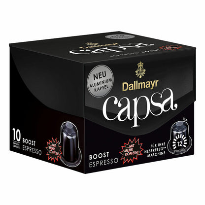 Dallmayr Capsa Espresso Boost, Nespresso kompatibel Kapsel, mit mehr Koffein, Kaffeekapsel, Espressokapsel, 10 Kapseln, 56 g