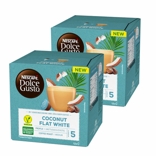 Nescafé Dolce Gusto Coconut Flat White 2er Set, Kokosnussdrink mit Kaffee, Milchkaffee, 2x12 Kapseln / Portionen