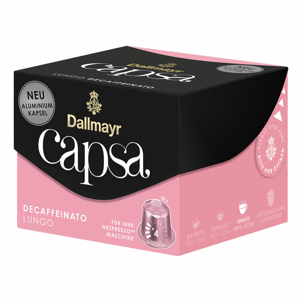 Dallmayr Capsa Lungo Decaffeinato, Nespresso kompatibel Kapsel, entkoffeiniert, Kaffeekapsel, Espressokapsel, 10 Kapseln, 56 g