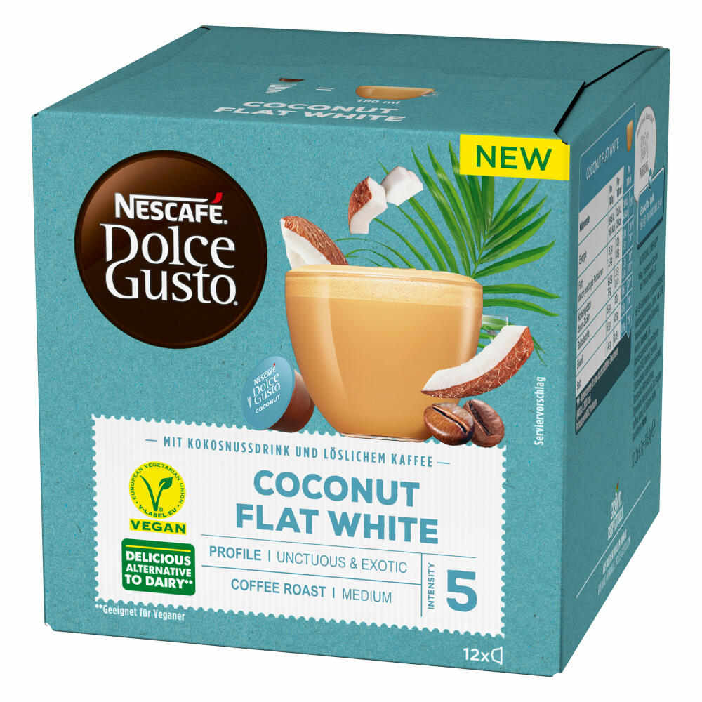 Nescafé Dolce Gusto Coconut Flat White, Kokosnussdrink mit Kaffee, Milchkaffee, 12 Kapseln / Portionen