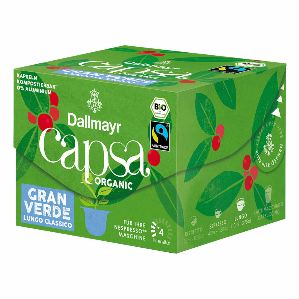 Dallmayr Capsa Gran Verde Lungo Classico, Nespresso kompatibel Kapsel, Organic, Kaffeekapsel, Espressokapsel, 10 Kapseln, 56 g