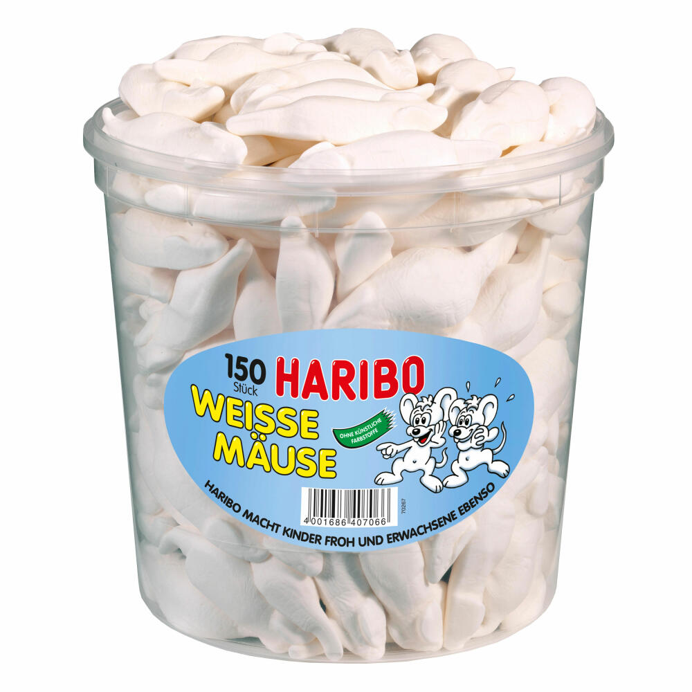 Haribo Weisse Mäuse, Schaumzucker, Fruchtgummi, 150 Stück, 1050g Dose