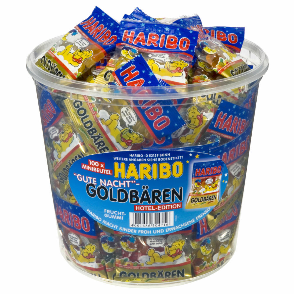 Haribo Gute Nacht Goldbären, Gummibärchen, Weingummi, Fruchtgummi, 100 Minibeutel, 980g Dose