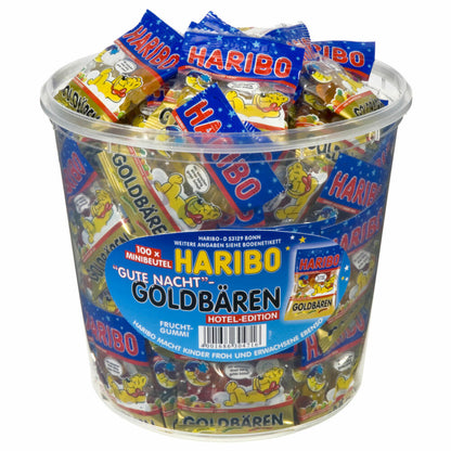 Haribo Good Night Gold Bears, Gummy Bears, Wine Gums, Fruit Gums, 100 Mini Bags, 980g Tin