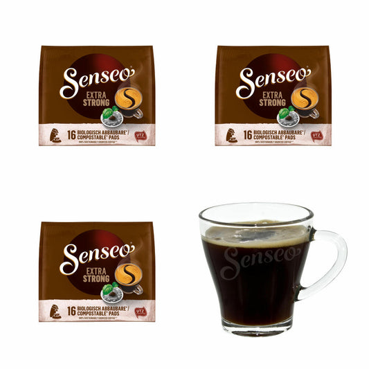 Senseo Kaffeepads Extra Kräftig / Extra Strong, 3er Pack, Intensiver und Vollmundiger Geschmack, Kaffee, je 16 Pads, mit Tasse