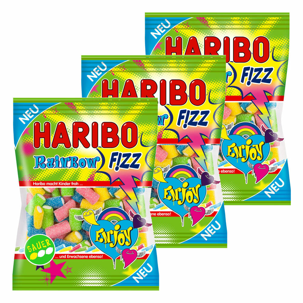 Haribo Rainbow Fizz, set of 3, gummy bears, wine gums, fruit gums, sour, 3 bags of 175 g each