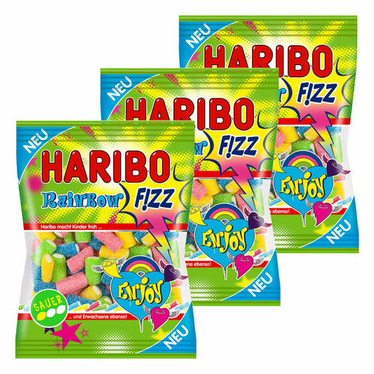 Haribo Rainbow Fizz, 3er Set, Gummibärchen, Weingummi, Fruchtgummi, Sauer, 3 Beutel zu je 175 g