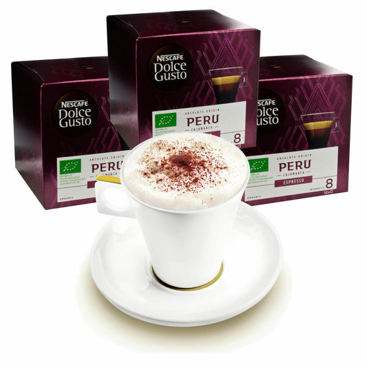 Nescafé DOLCE GUSTO Tassen Geschenkset, 3 Packungen mit Becher Absolute Origin Peru Espresso, Kaffee Kapsel, Kaffeekapsel, Röstkaffee, Bio