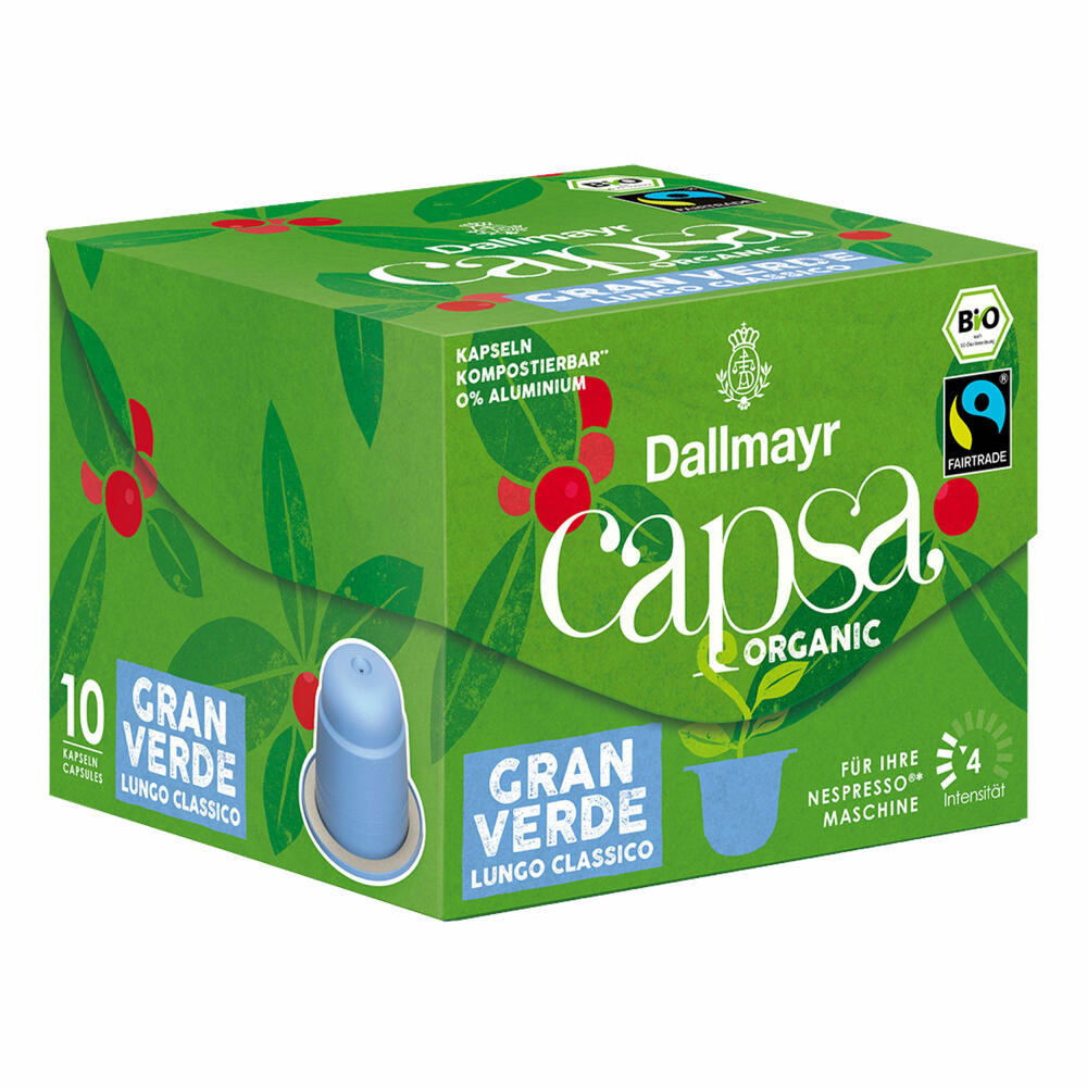 Dallmayr Capsa Gran Verde Lungo Classico, Nespresso compatible capsule, Organic, coffee capsule, espresso capsule, 10 capsules, 56 g