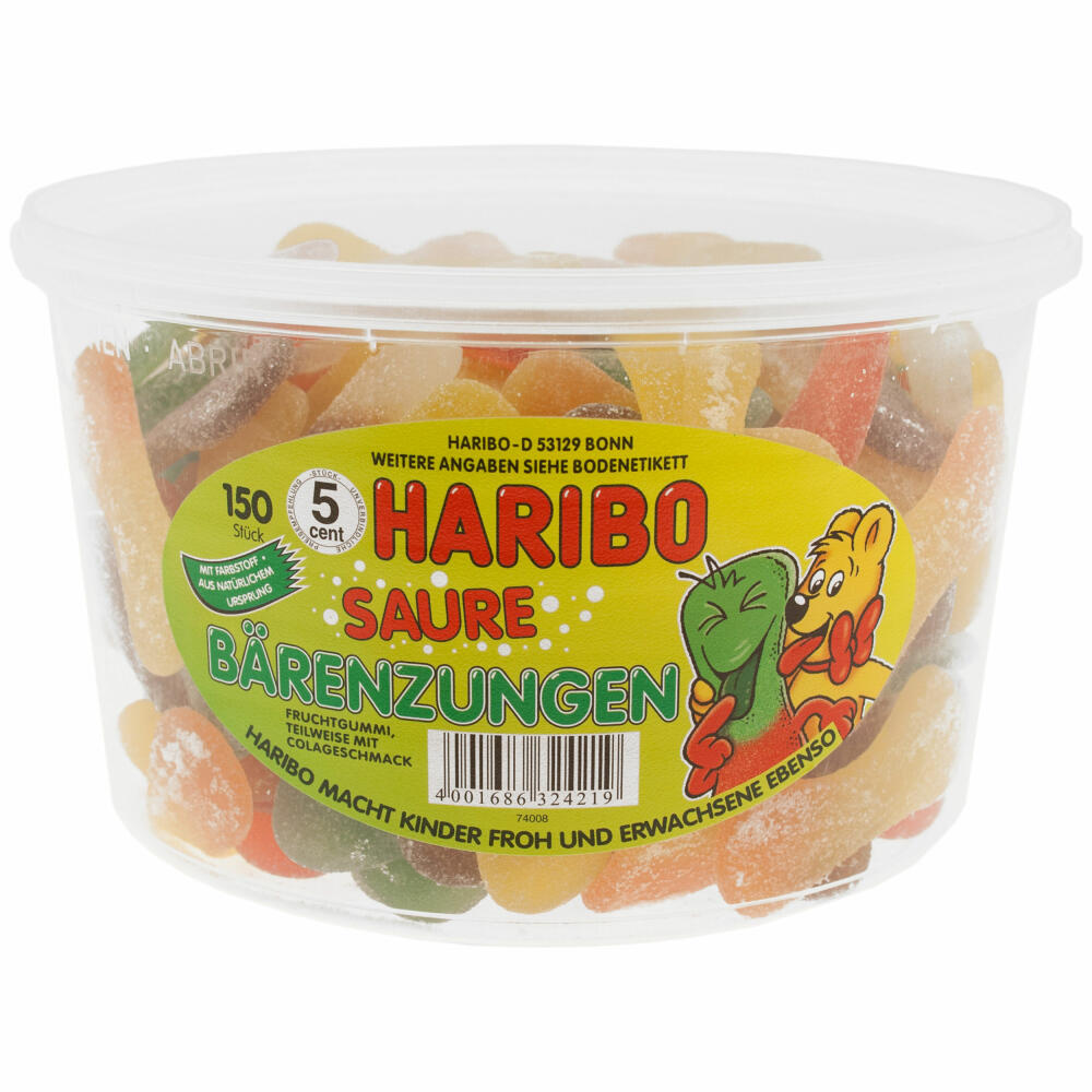 Haribo Sour Bear Tongues, Gummy Bears, Wine Gum, Fruit Gum, 150 Pieces, 1350g Can