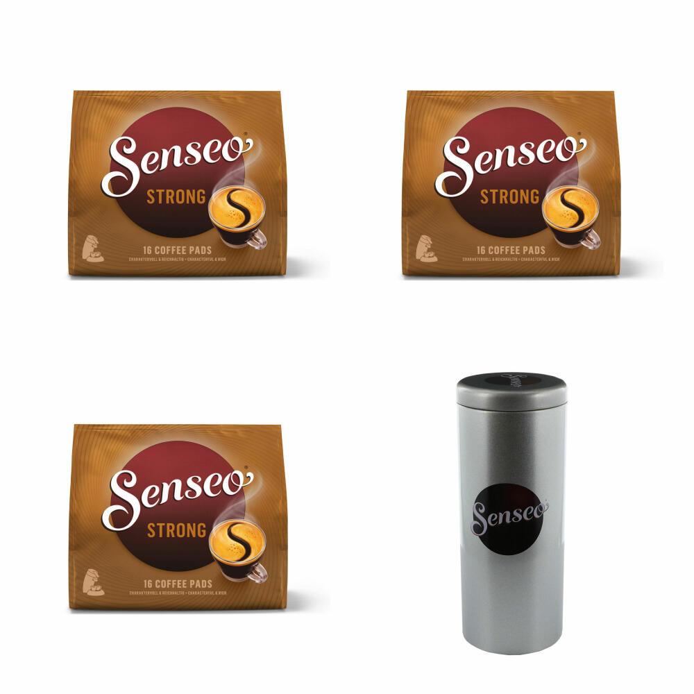 Senseo Coffee Pads Premium Set Strong, Pack of 3, Intense and Full-Bodied Taste, Coffee, 16 Pads Each, with Pad Container