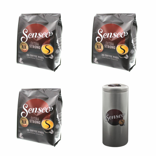 Senseo Kaffeepads Extra Strong / Extra Kräftig, Intensiver und Vollmundiger Geschmack, Kaffee für Kaffepadmaschinen, 108 Pads, mit Paddose