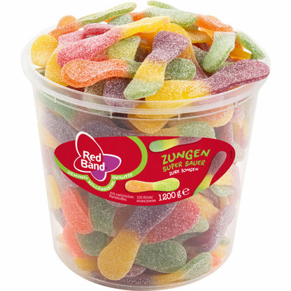 Red Band Fruchtgummi Zungen Super Sauer, Weingummi, Dose, 100 Stück, 1.2 kg