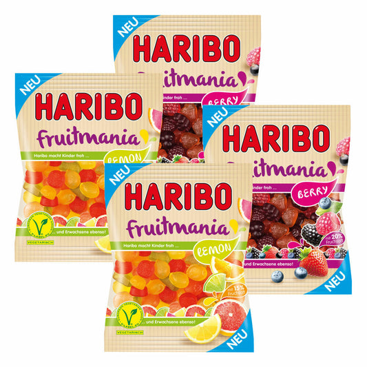 Haribo Fruitmania 4er Set, Lemon, Berry, mit Fruchtsaft, Gummibärchen, Weingummi, Fruchtgummi, im Beutel