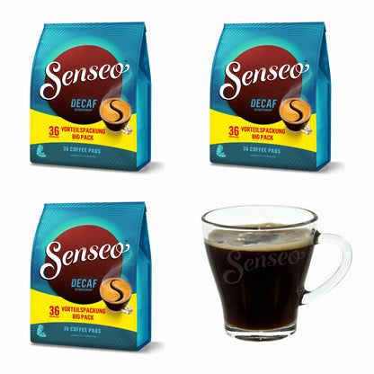 Senseo Coffee Pads Decaffeinated / Decaf, Rich Aroma, Intense &amp; Balanced, Coffee for Coffee Pad Machines, 108 Pads, with Cup