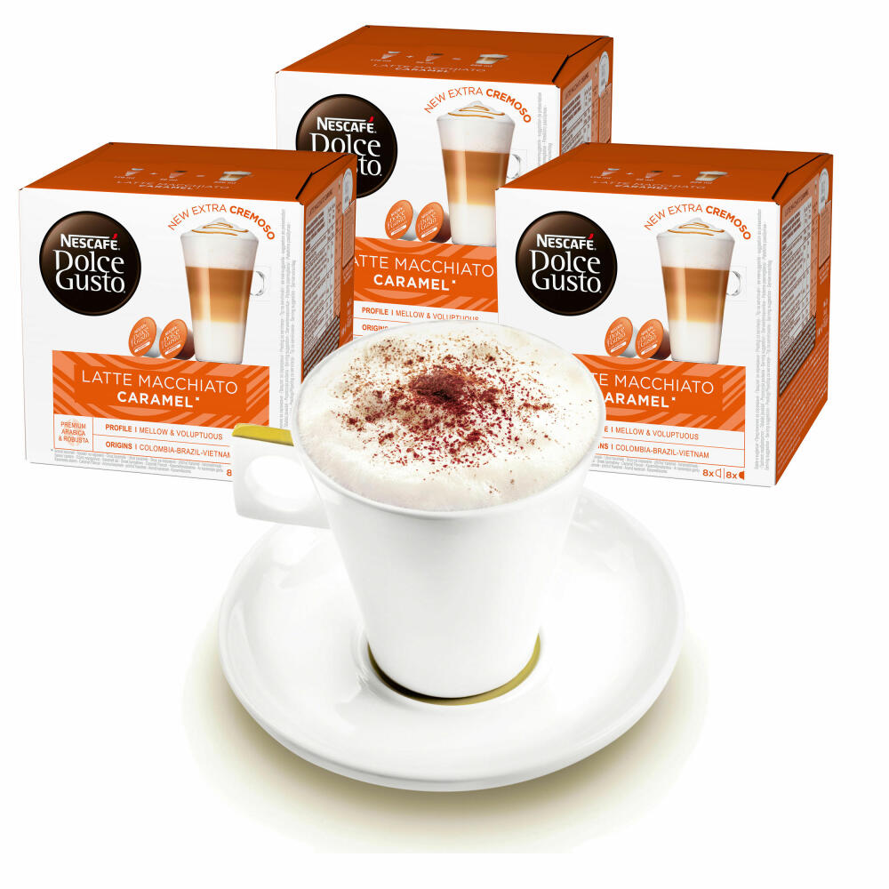 Nescafé DOLCE GUSTO Tassen Geschenkset, 3 Packungen mit Becher Caramel Latte Macchiato, Karamell, Kaffee, Kaffeekapsel, Kapseln