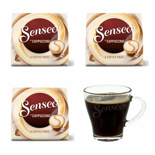 Senseo Kaffeepads Cappuccino, 3er Pack, Milchschaumklassiker, Kaffee, je 8 Pads, mit Tasse