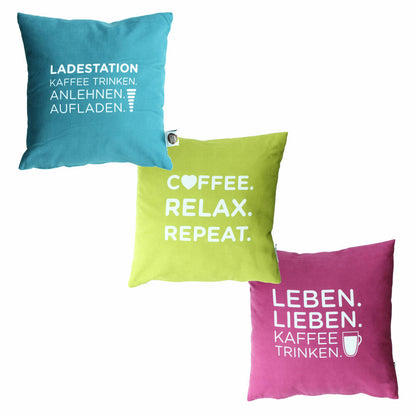 Nescafé Dolce Gusto cushions, set of 3, with lettering, decorative cushions, polyester, pink / light green / turquoise, approx. 40 x 40 cm