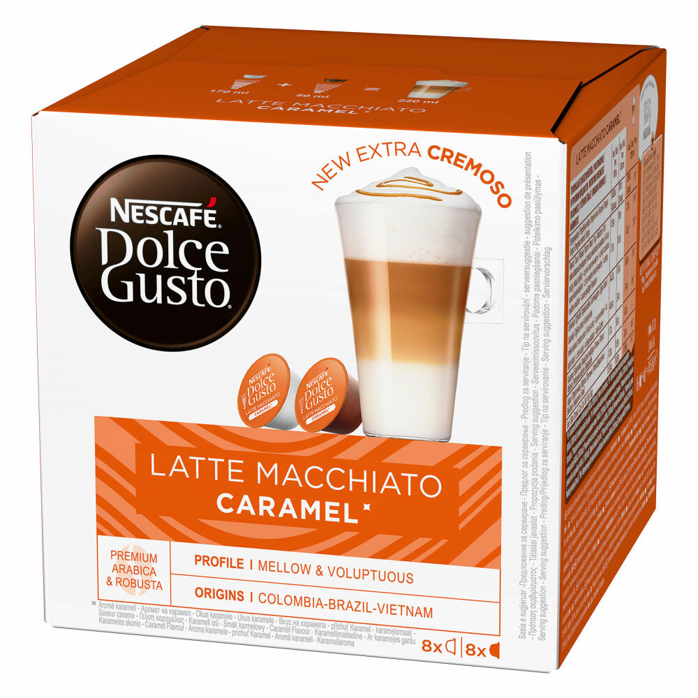 Nescafé DOLCE GUSTO Tassen Geschenkset, 3 Packungen mit Becher Caramel Latte Macchiato, Karamell, Kaffee, Kaffeekapsel, Kapseln