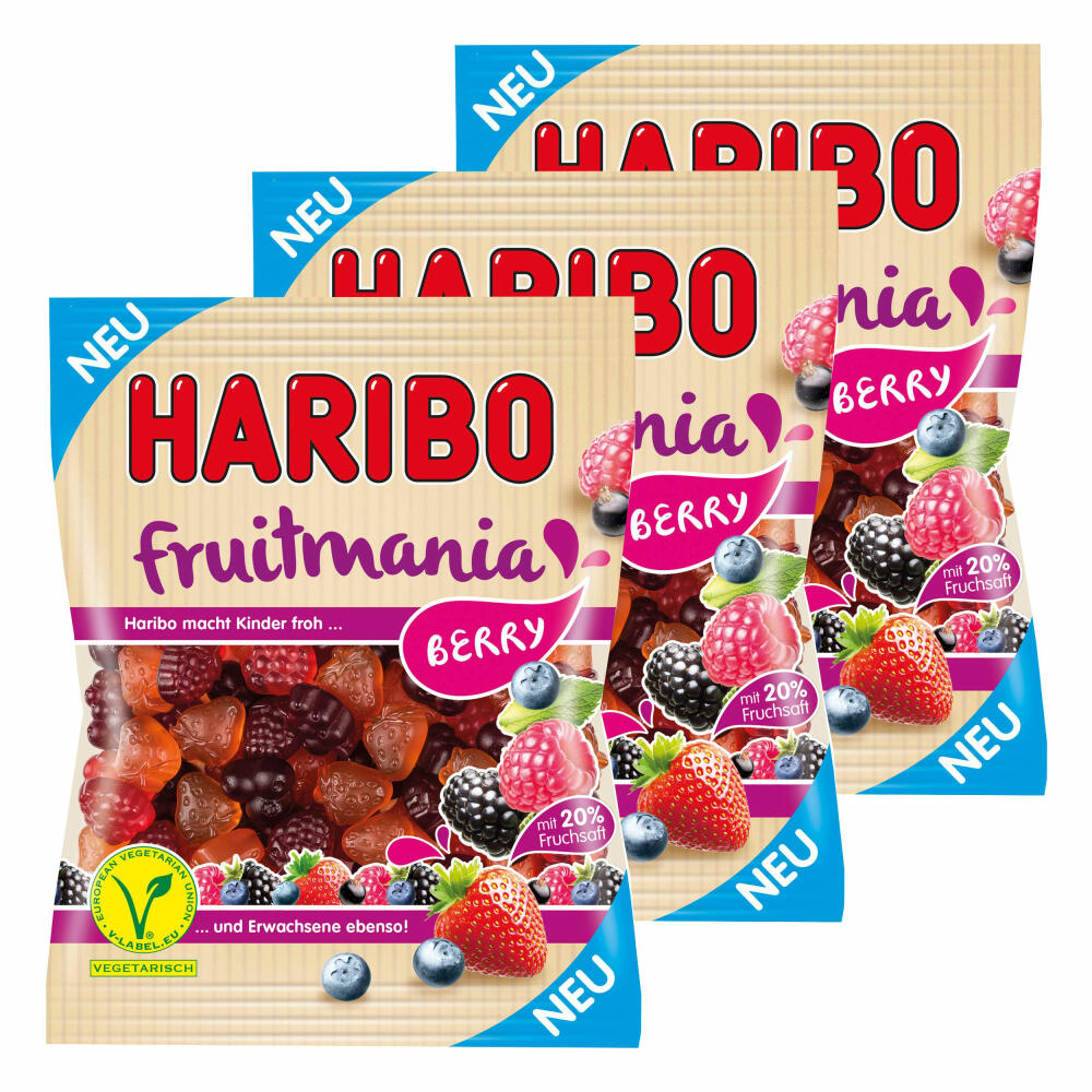 Haribo Fruitmania Berry, set of 3, with fruit juice, gummy bears, wine gum, fruit gum, in bag, 525 g