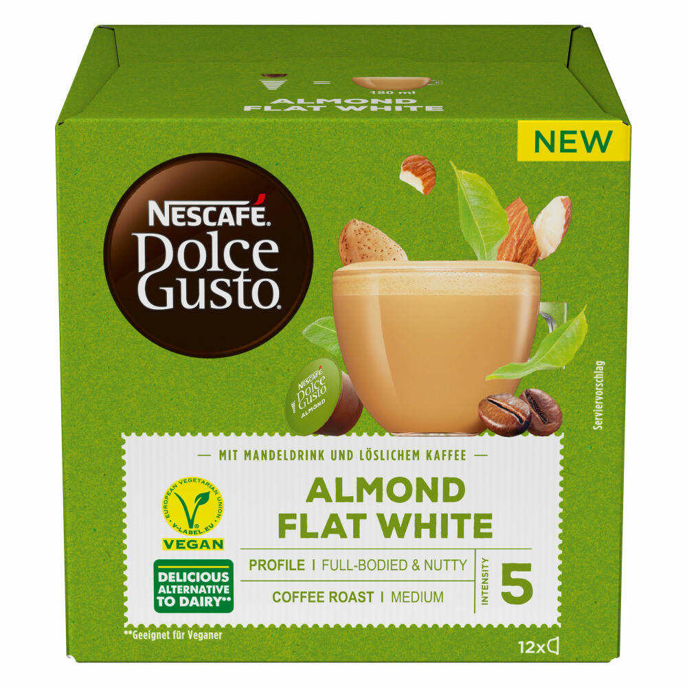 Nescafé Dolce Gusto Mandel Flat White, Almond, Mandeldrinkzubereitung mit Kaffee, Milchkaffee, 12 Kapseln / Portionen