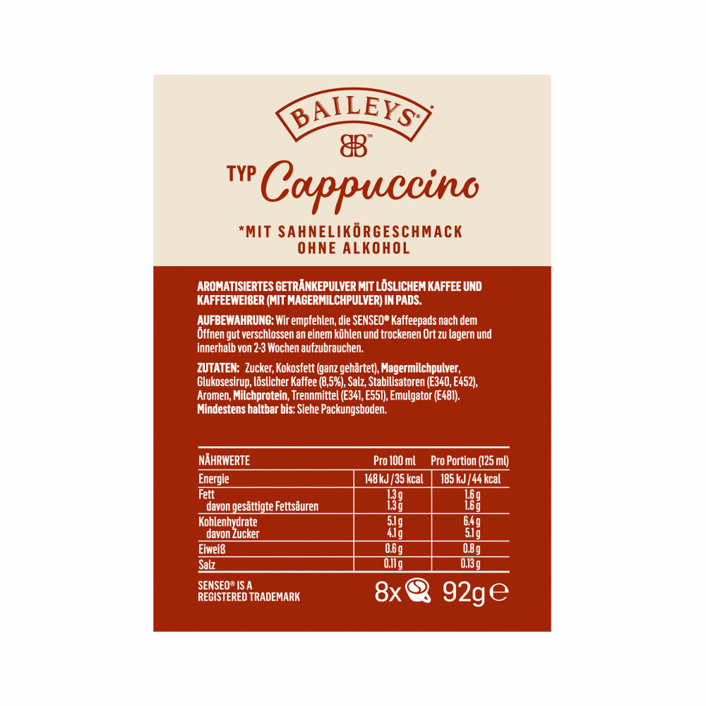 Senseo Type Cappuccino Baileys Coffee Pads, Aromatic, Coffee, Instant Coffee, 2 x 8 Pads